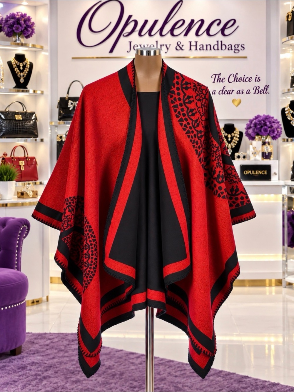 Red & Black Knit Poncho Sweater